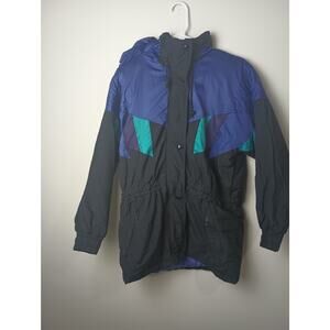 Vtg Hot Music Ski Jacket 80s 90s Women Small Color Block Nylon Hood Winter